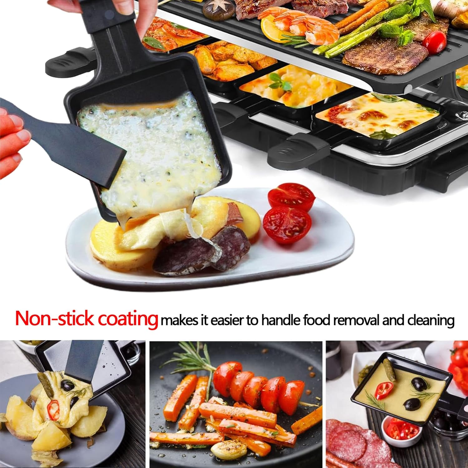 Poêlon raclette – set 4 pièces antiadhésif avec spatule – fromage fondu, œuf, triangulaire