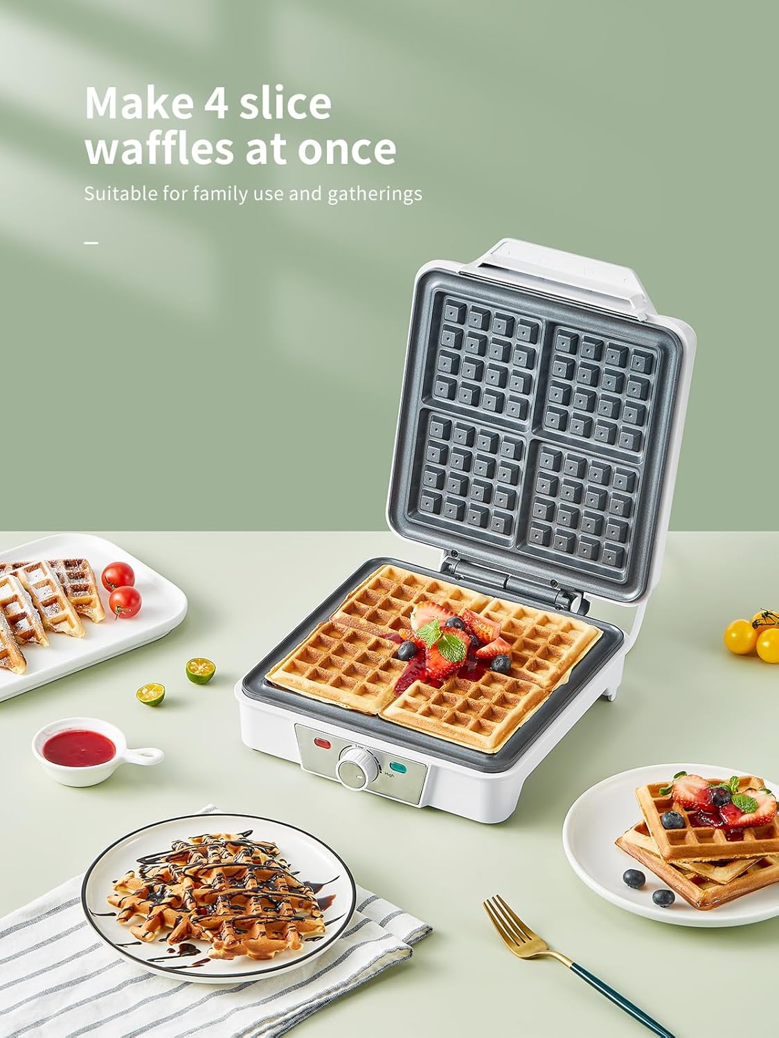 Gaufrier électrique 4 plaques, 1200W, 5 niveaux, antiadhésif, blanc