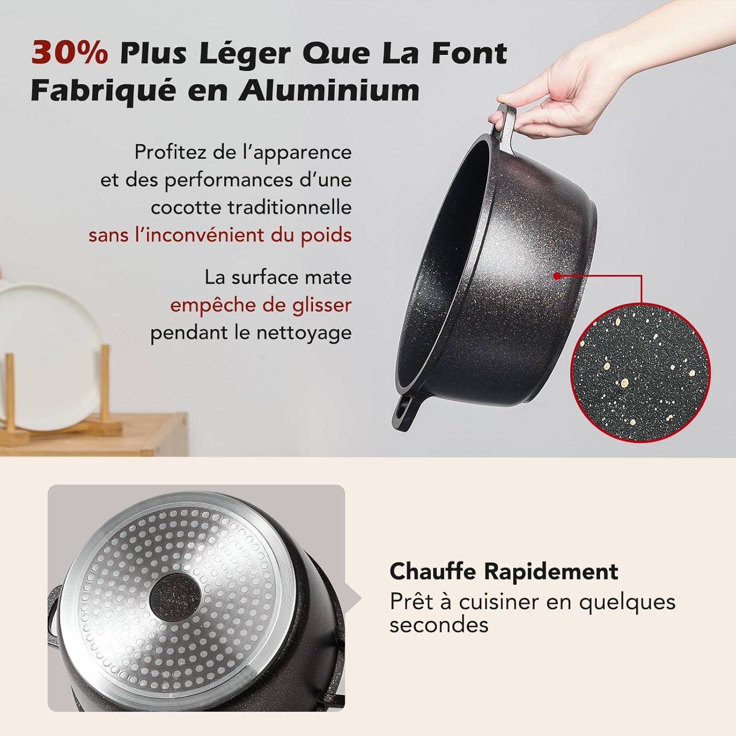 Cocotte en fonte d’aluminium - 28cm - 6,3L, antiadhésif, induction, couvercle