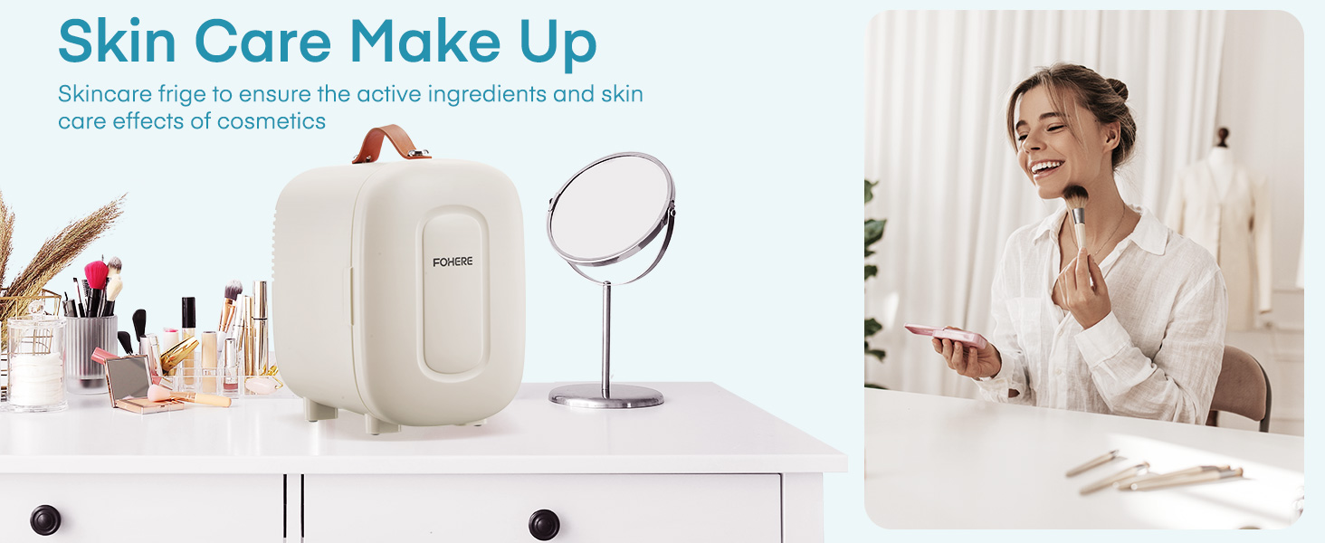 Le texte indique « Skin Care Made Up ». Série de scènes d'intérieur montrant l'application de cosmétiques ou de soins de la peau dans des salles de bain avec divers produits utilisés.