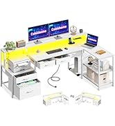 Coleshome Bureau en L avec Tiroirs, 175x100cm Bureau Réversible avec Prise, LED & Support Écran, ...