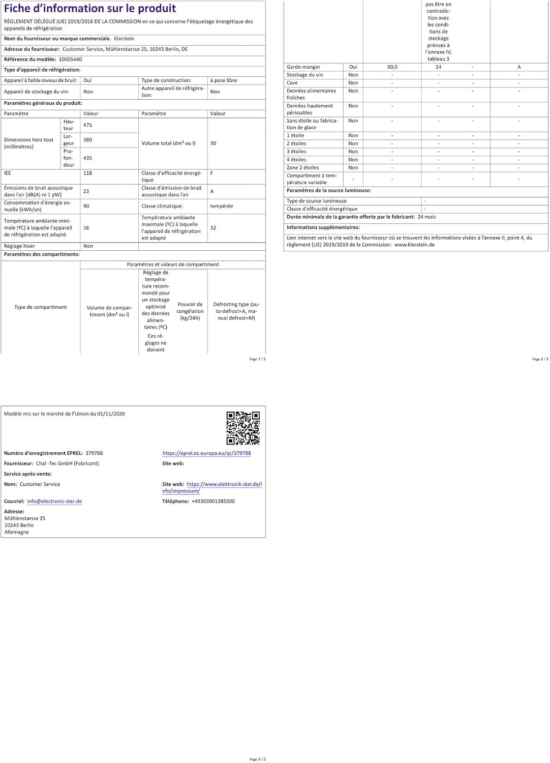 Klarstein - Frigo de chambre 32L - silencieux, étagères réglables, 12-18°C