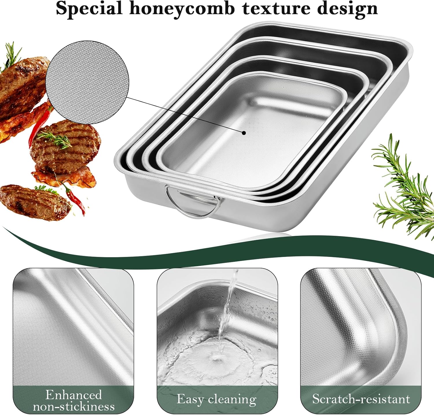 ROSSETTO - Plat à four inox set 4 pièces, poignées, texture nid d'abeille, rectangulaire