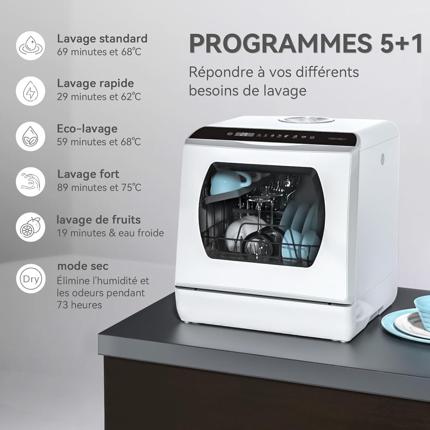 Hermitlux - Mini lave-vaisselle 4 couverts compact, 5 programmes, stérilisation 75°C, 5L/robinet