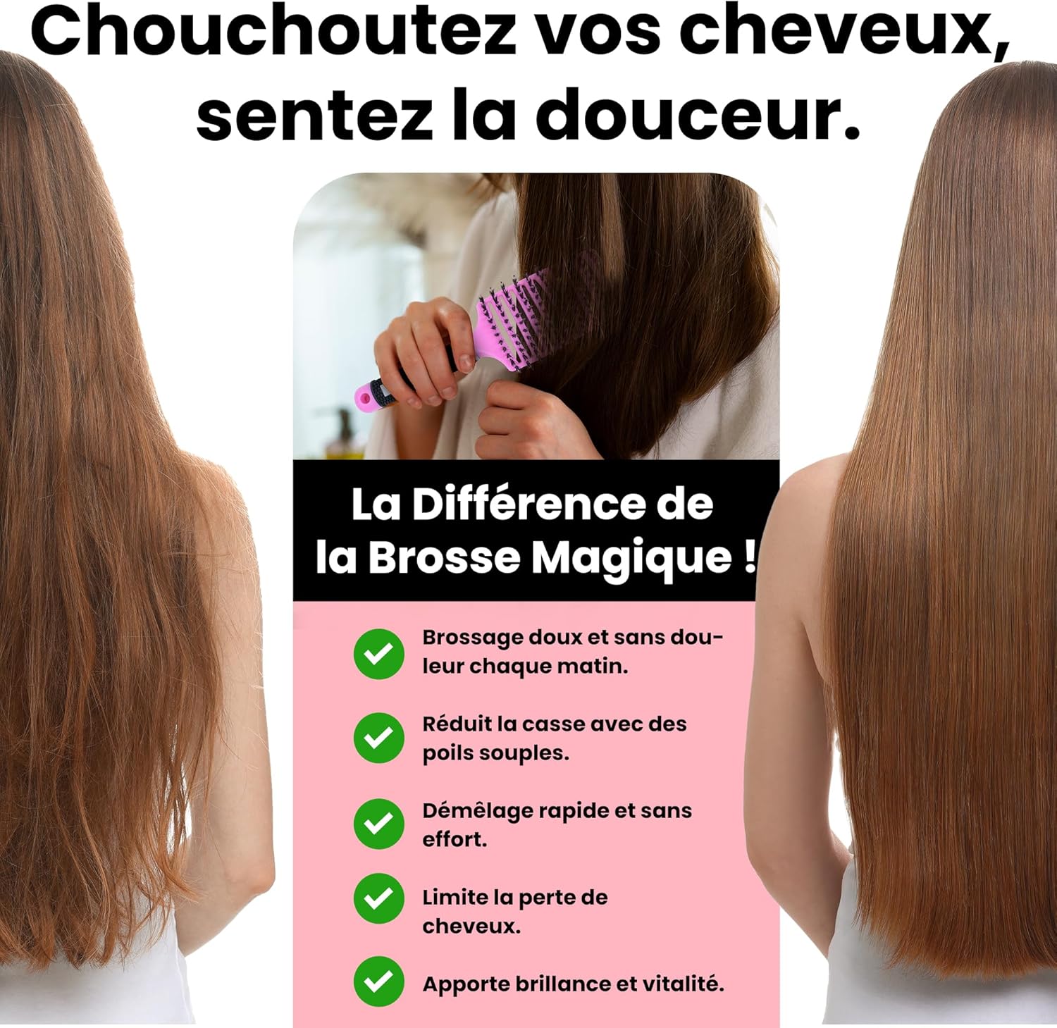 Brosse à cheveux - Démêlante sanglier nylon - anti-casse, anti-statique, tous types, adultes et enfants