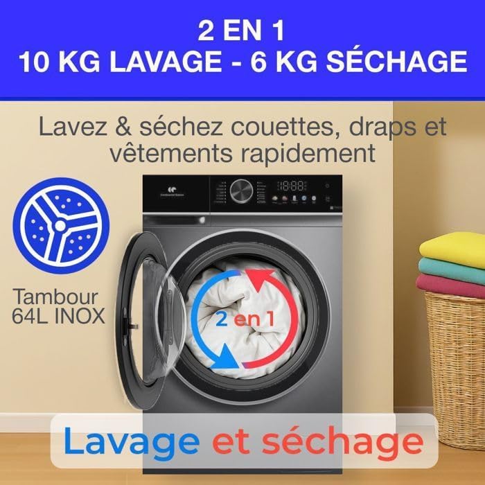 Continental Edison - lave-linge séchant - 60 cm - 10/6 kg, moteur induction, silver - CELS106S