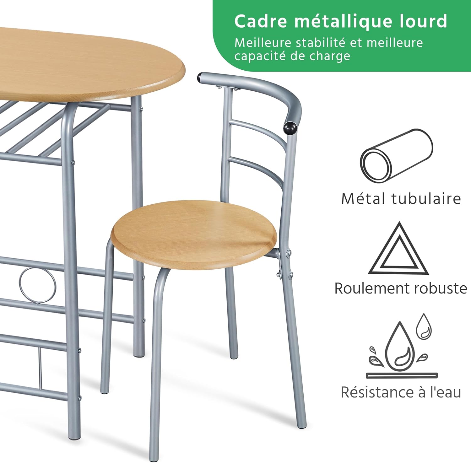Yaheetech - ensemble table et 2 chaises, bois/argent, compact, porte-bouteilles