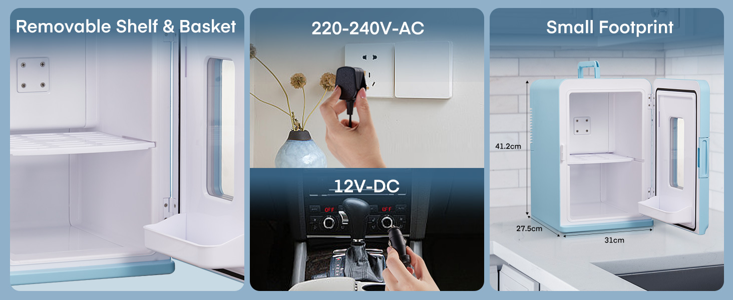 avec étagère amovible, panier et faible encombrement. Fonctionne à la fois sur une alimentation 220-240 V AC et 12 V DC
