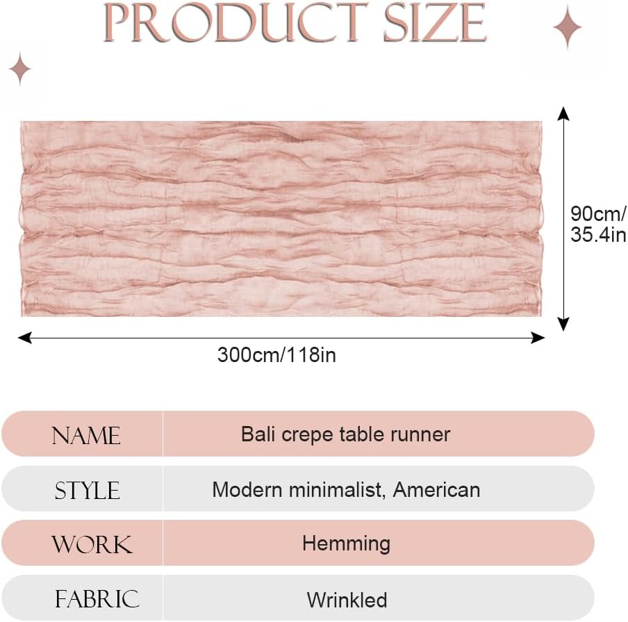 Chemin de table - gaze coton froissée rose 90x300cm style boho rustique