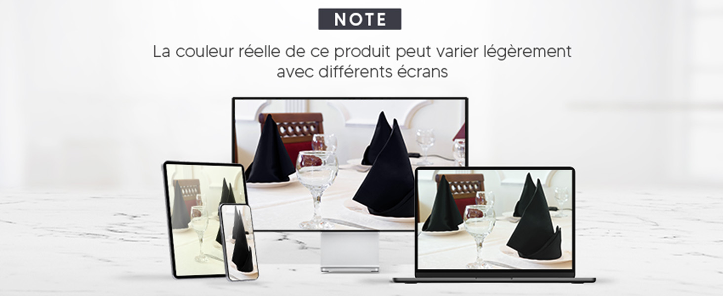 Plusieurs appareils numériques affichant une scène de Noël avec un sapin et des cadeaux. Note textuelle concernant les variations de couleur des produits sur tous les écrans.