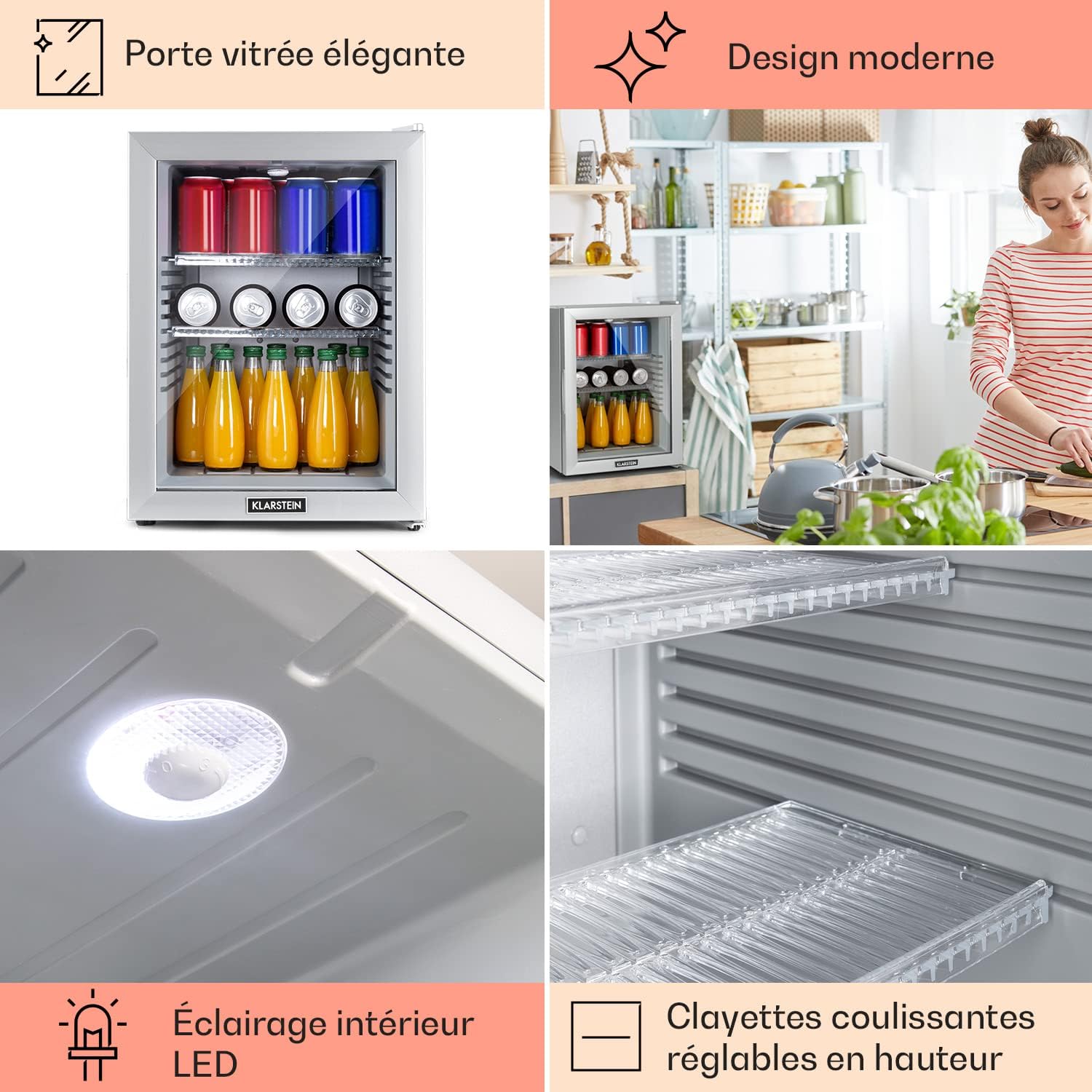 Klarstein - Mini Frigo 42L, silencieux, étagères réglables, 12-18°C