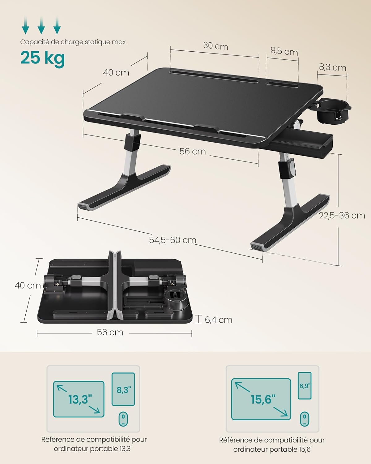 SONGMICS - table de lit pliable 56x40cm, hauteur et inclinaison réglables, porte-gobelet, LLD113BC01