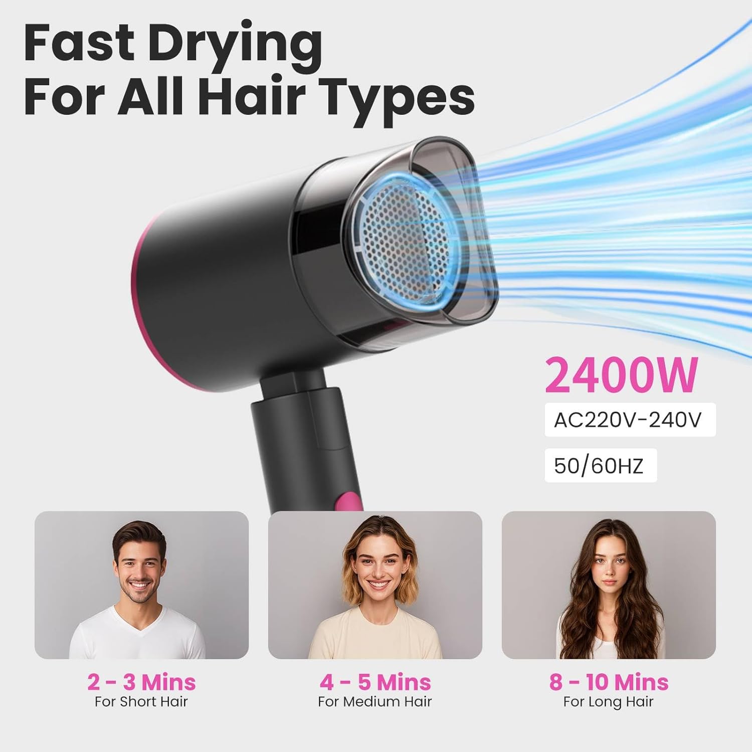 Sèche-cheveux pliable - 2000W - séchage rapide, air chaud/froid, compact