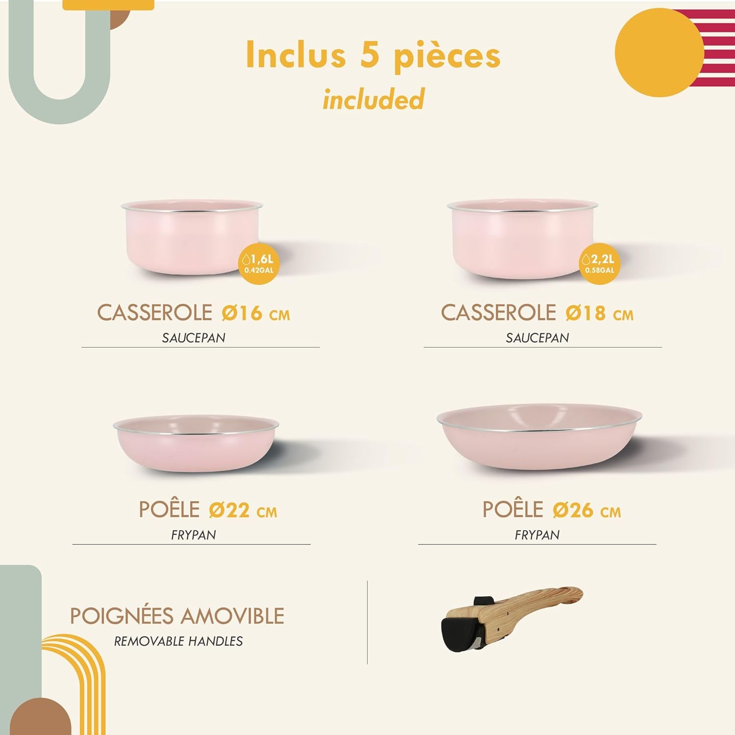 MENASTYL - Colorama batterie cuisine rose - 2 poêles 2 casseroles, céramique induction