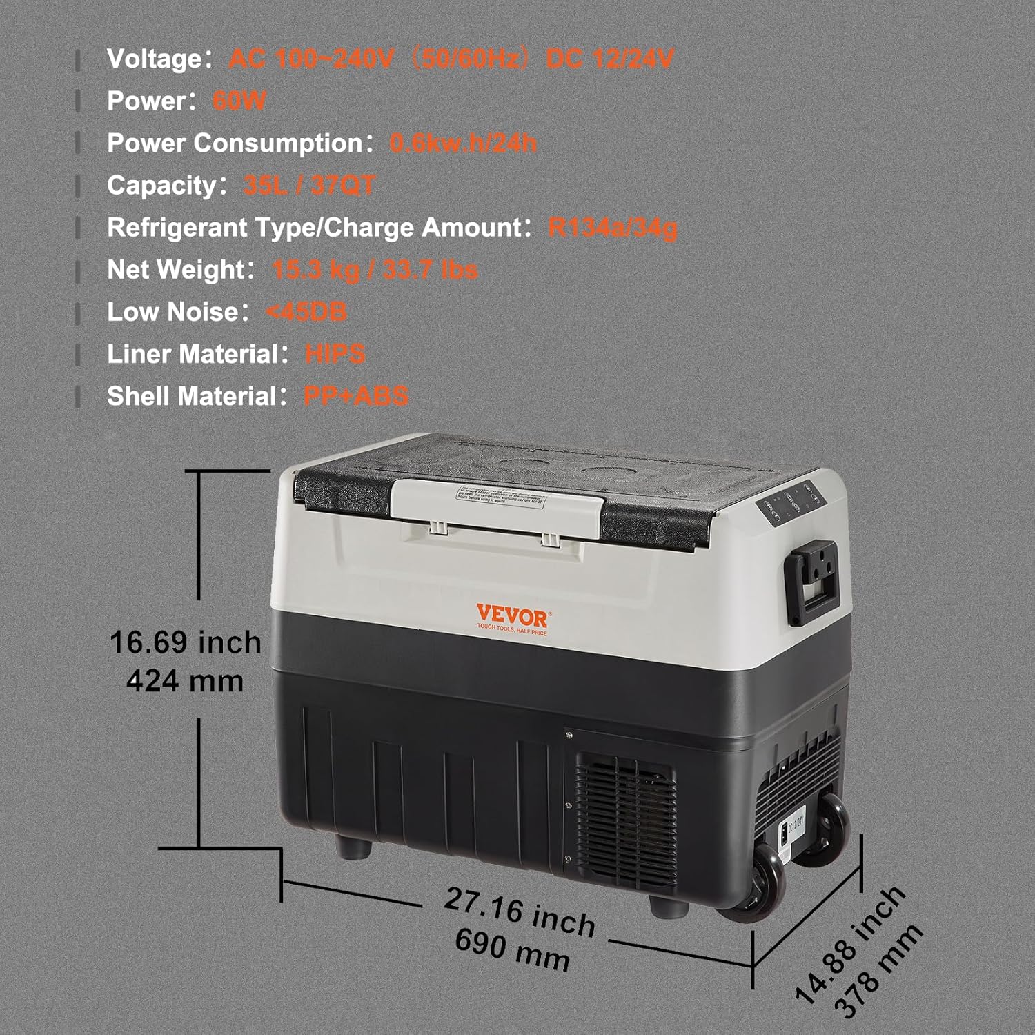 VEVOR – glacière portable 35L – double zone, -20°C à 10°C, 0,6kWh