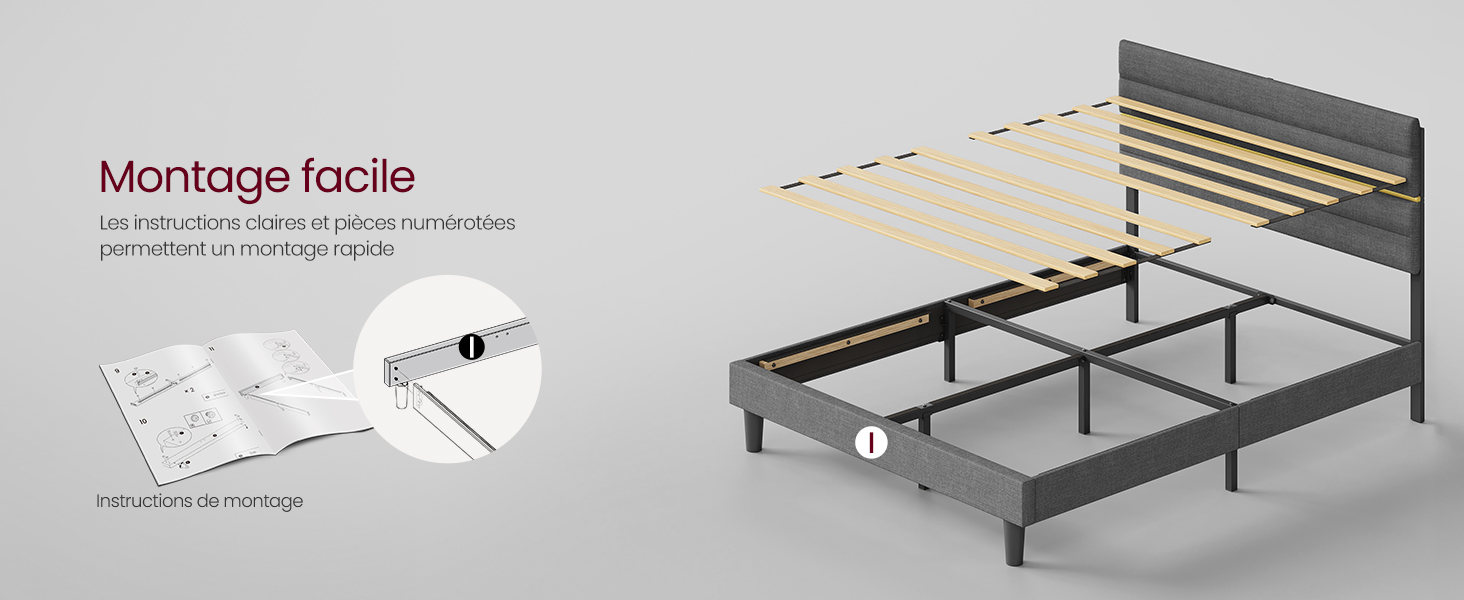montrant une installation facile. Cadre gris avec tête de lit, lattes et poutre de support centrale. Feuille d'instructions et paquet de matériel visibles.