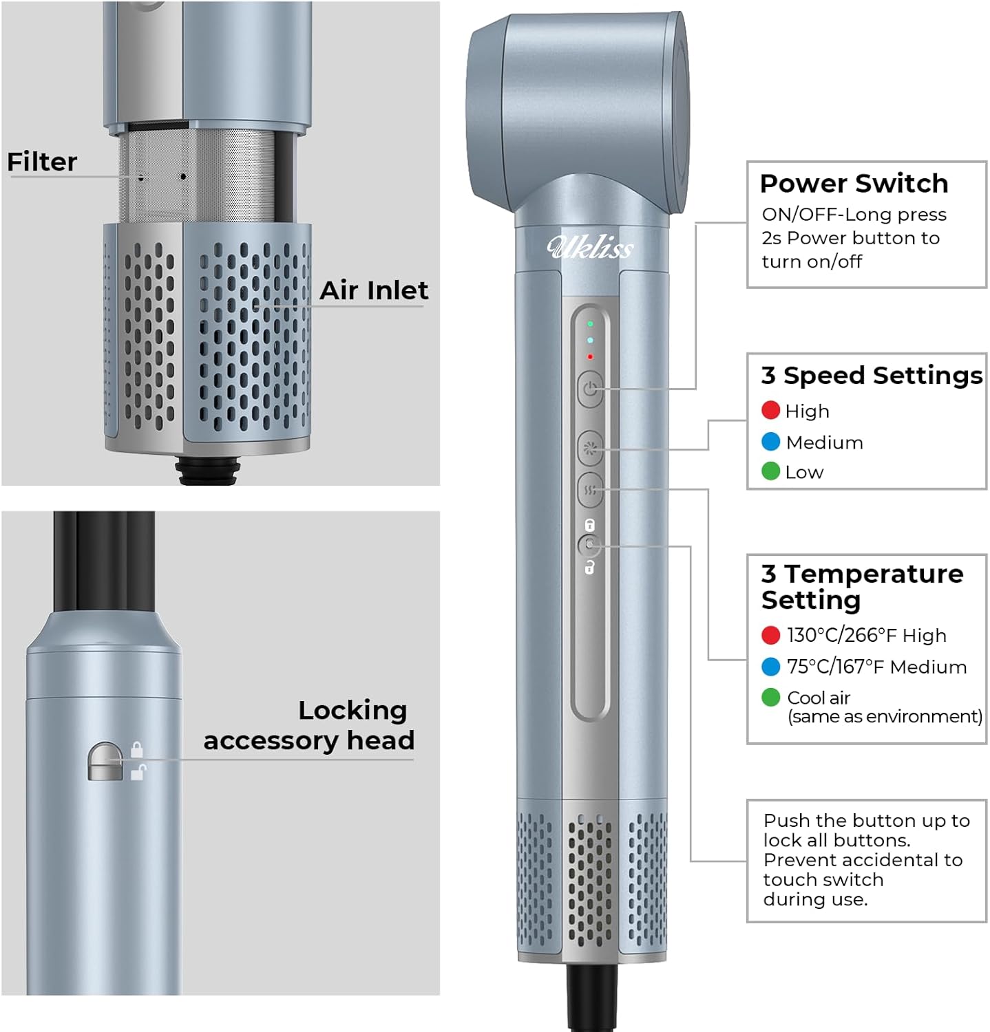 UKLISS - Air Styler 6 en 1 - 1400W - Ionique, multifonction, cheveux bouclés
