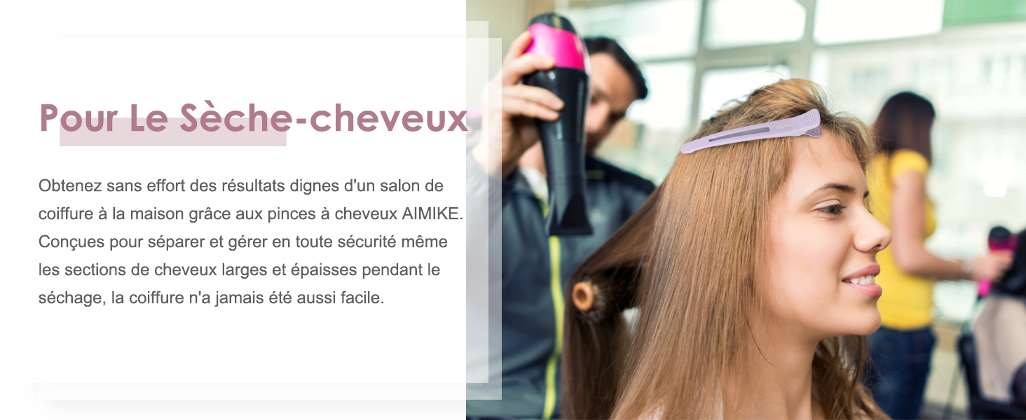 Femme se faisant sécher les cheveux avec un sèche-cheveux rose dans un salon. Le texte en français traite de la technique de séchage des cheveux.