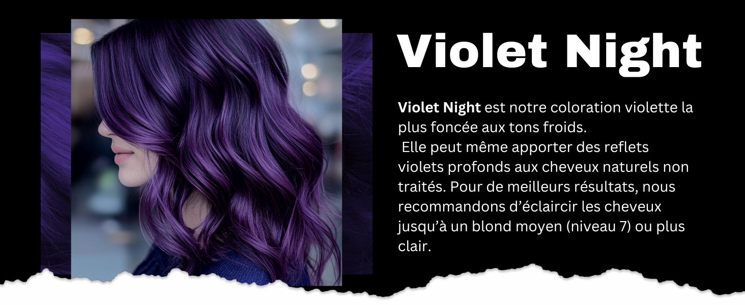 mettant en valeur une couleur de cheveux violet foncé. L'image montre des cheveux longs et ondulés aux tons violets éclatants et aux racines plus foncées, démontrant l'effet de coloration intense du colorant