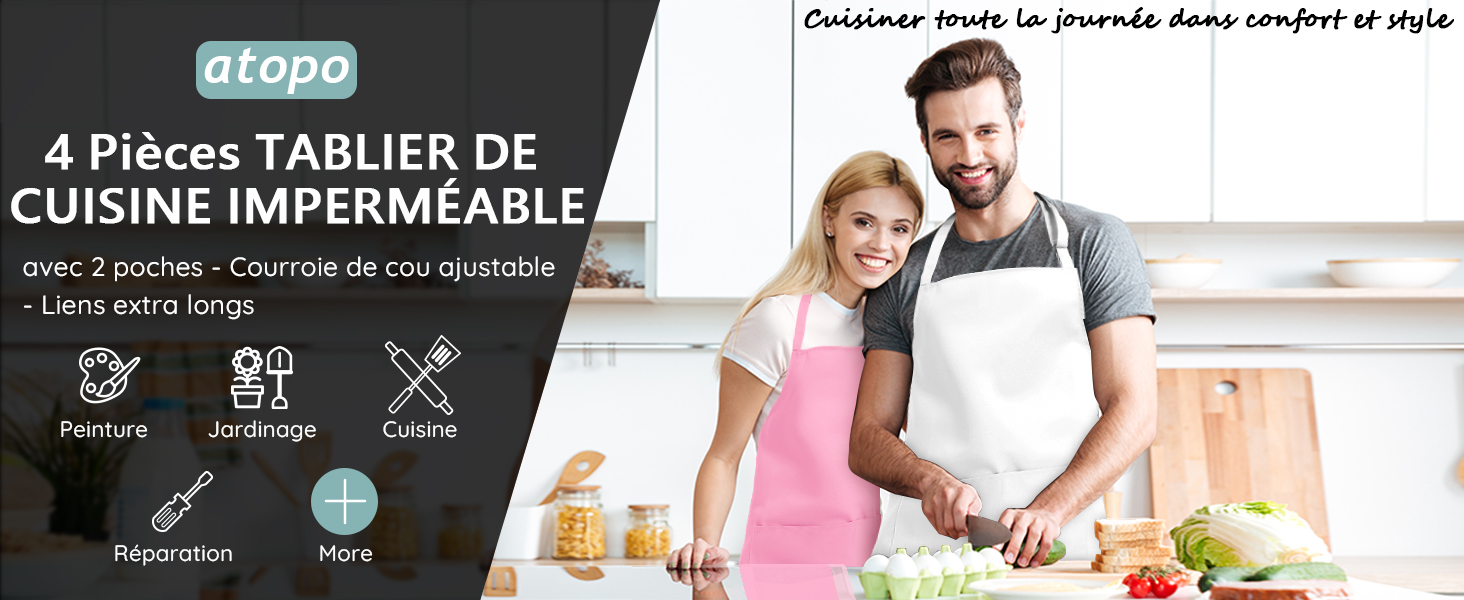 Atopo avec 2 poches et une sangle de cou ajustable. Les caractéristiques incluent le lavage en machine, les attaches extra-longues et l'aptitude aux tâches de cuisine et de nettoyage