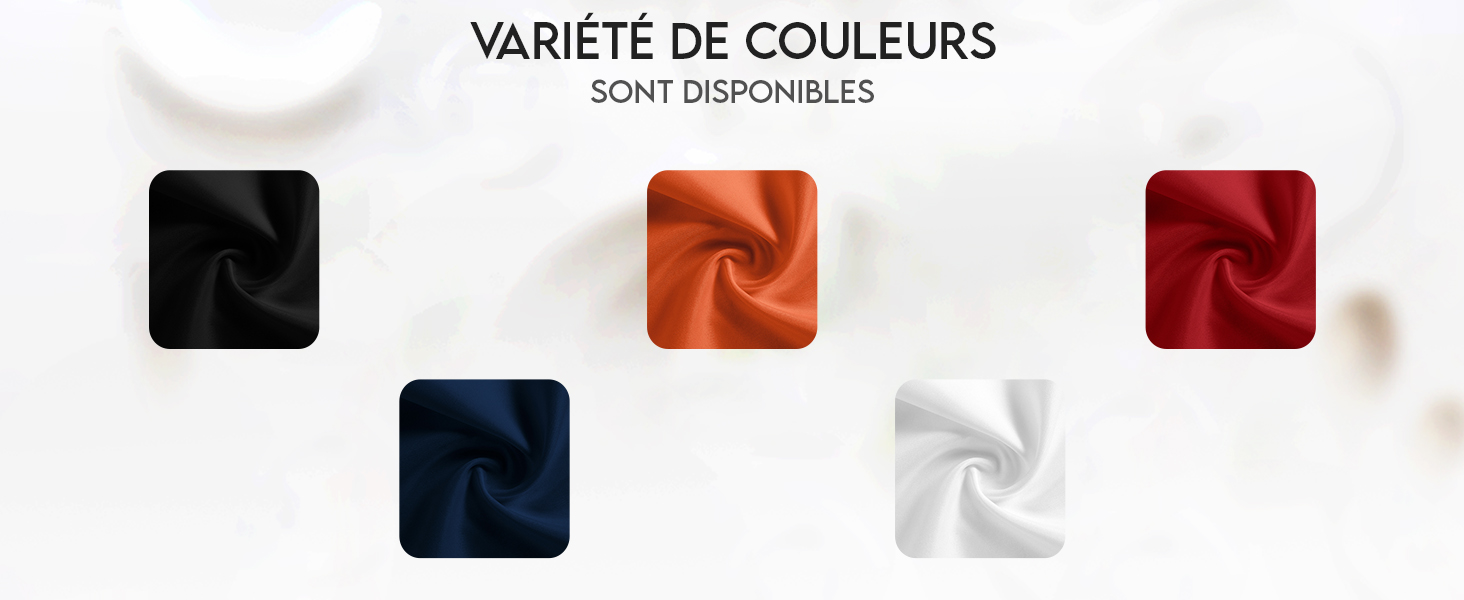 Échantillons de tissus de différentes couleurs : noir, bleu marine, orange, blanc et rouge. Le texte indique qu'une variété de couleurs est disponible.