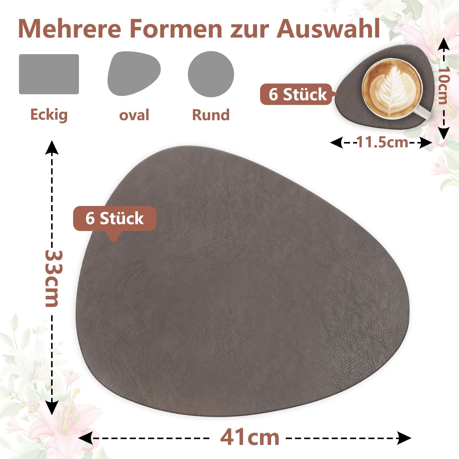 Set de table - lot de 6, cuir PU, ovale 41x33cm, lavable, antidérapant