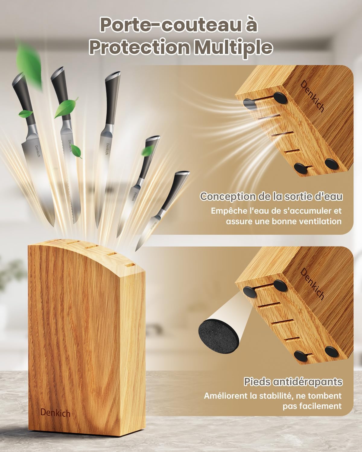 Couteaux de cuisine - set 6 pièces inox, support bois, lame 8