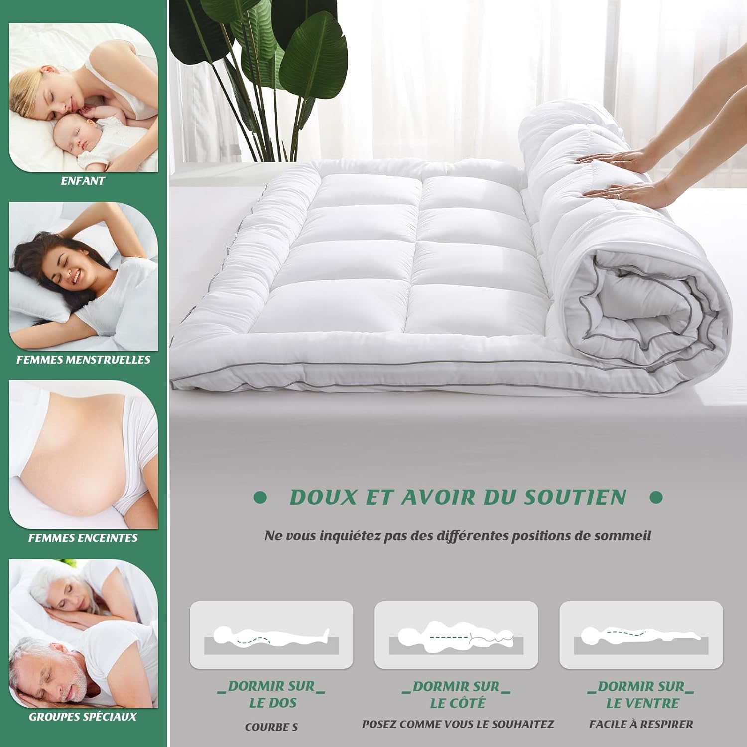 GRT - Surmatelas 135x190 cm - 6 cm, bambou, ultra-doux, respirant