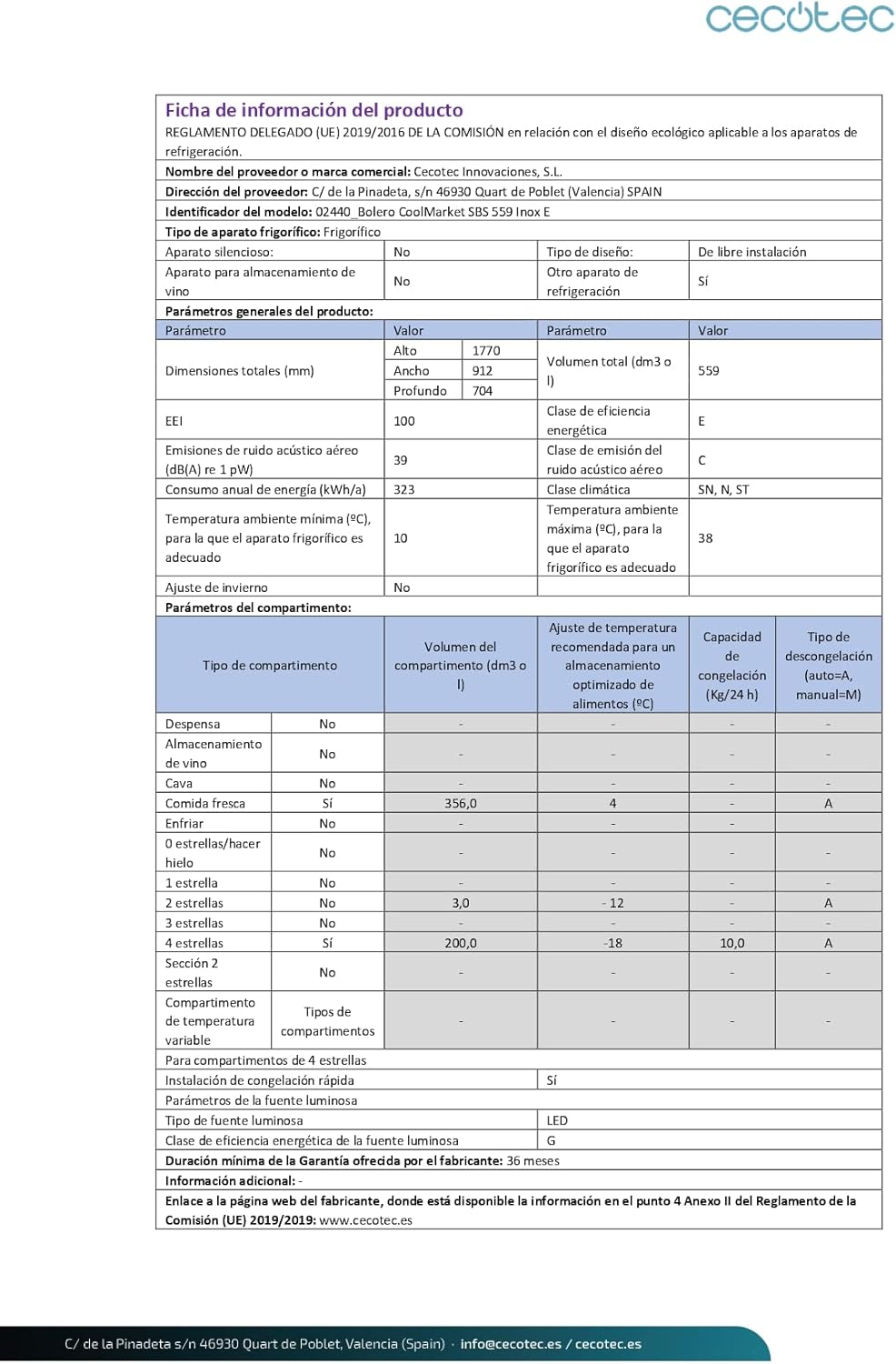 Cecotec - Bolero CoolMarket série - 177x90 cm - 559L, No Frost, Inverter, SBS 559 Inox E