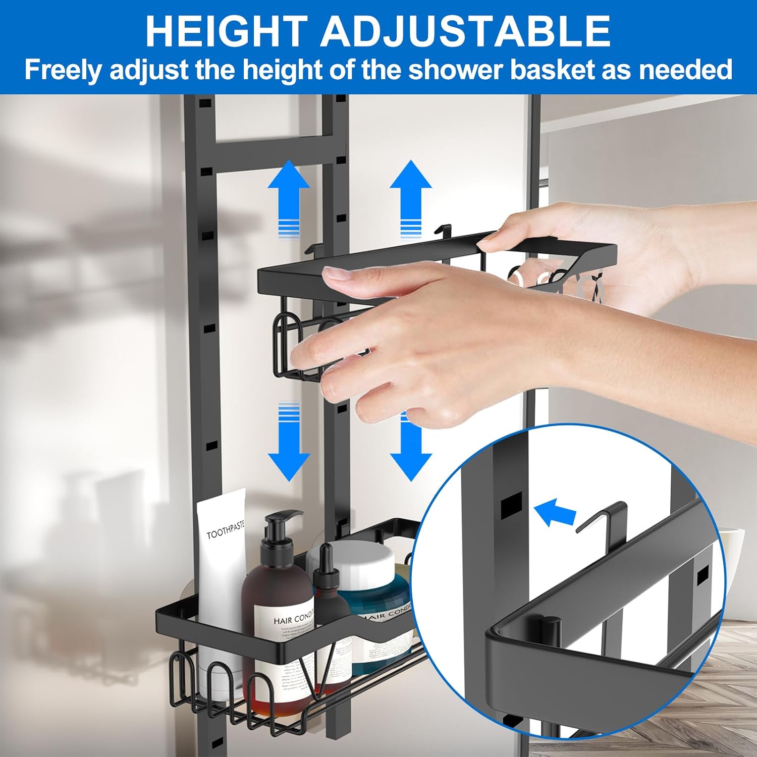 Étagère de douche suspendue - 3 paniers réglables, sans perçage, noir, organiseur 3 couches