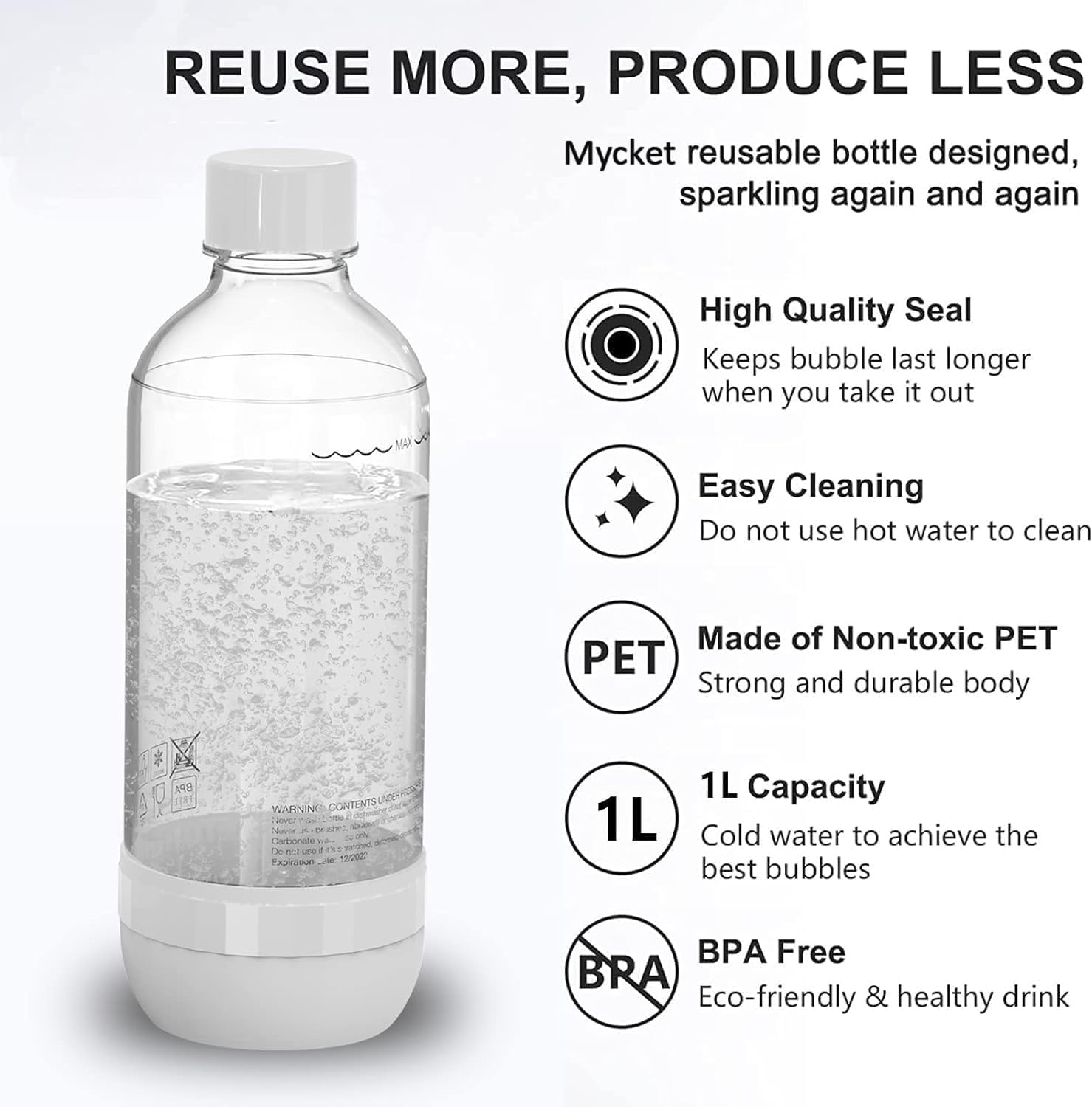 Mycket - bouteilles soda réutilisables 1L - PET sans BPA, 2 couleurs