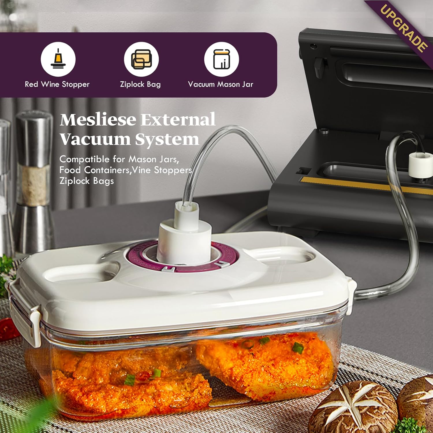 Mesliese - Machine Sous Vide 6-en-1, compacte, 90Kpa, gris, 2 rouleaux, 5 sacs