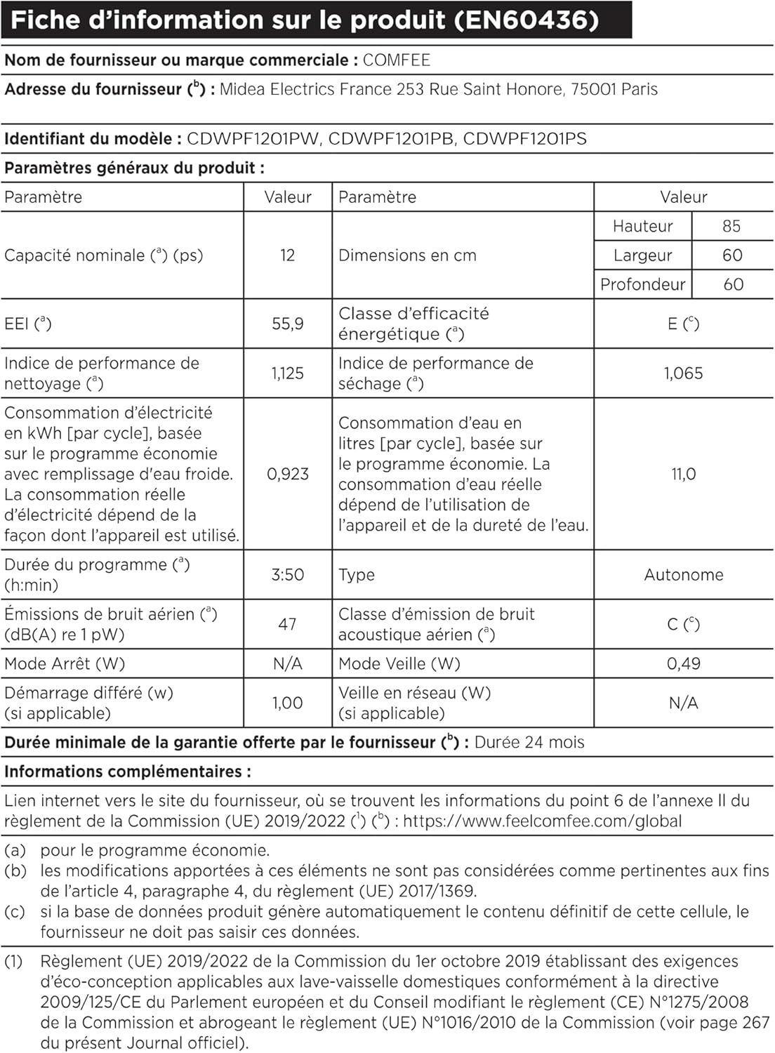 COMFEE' - Lave-vaisselle série CDWPF1201PS - 60 cm, 12 couverts, départ différé, panier flexible, inox, 49 dB, CDWPF1201