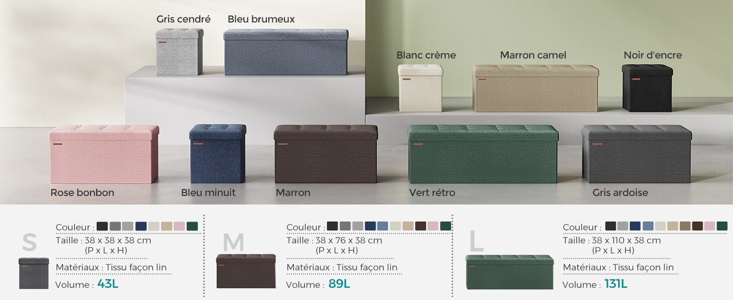 Présentoir de boîtes de rangement rectangulaires pour poufs de différentes couleurs et tailles. Les dimensions et les prix des produits sont indiqués pour différentes tailles.