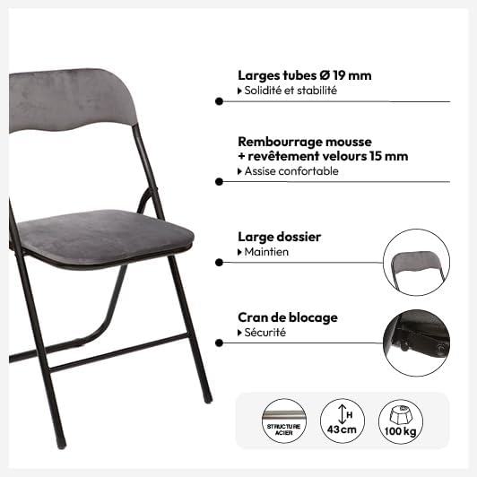 5five - Chaise pliante velours gris anthracite - compacte et confortable