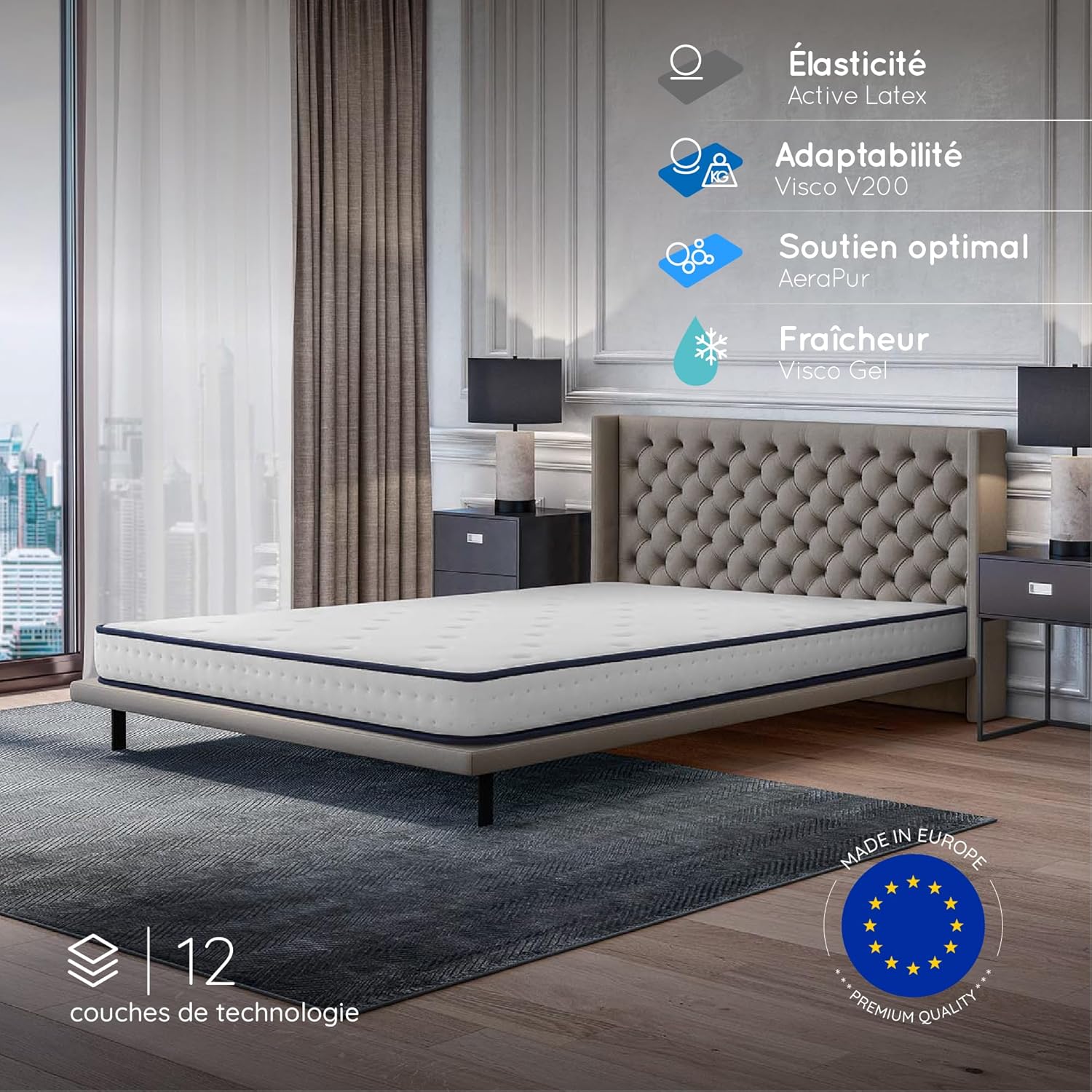 COSMOS - Upsilon - matelas 180x200, mémoire de forme, latex, 15cm, 7 zones, réversible