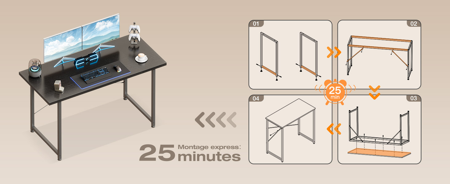 Le texte indique « 25 minutes ». Schéma d'instructions de montage montrant un bureau avec le processus d'installation étape par étape, y compris la disposition des pièces et l'assemblage final avec des flèches directionnelles oranges.
