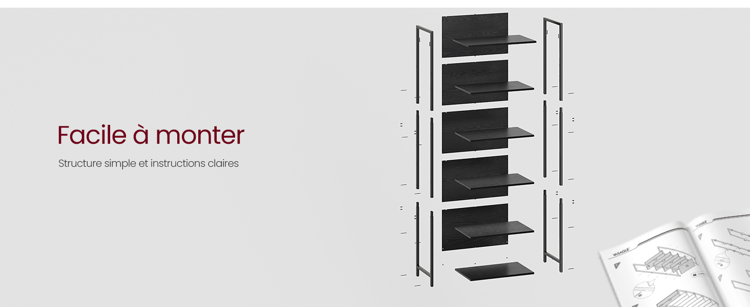 Schéma d'assemblage d'une étagère de rangement à six niveaux avec des plateformes noires et des poteaux en métal, montrant le texte « Facile à monter » (facile à assembler