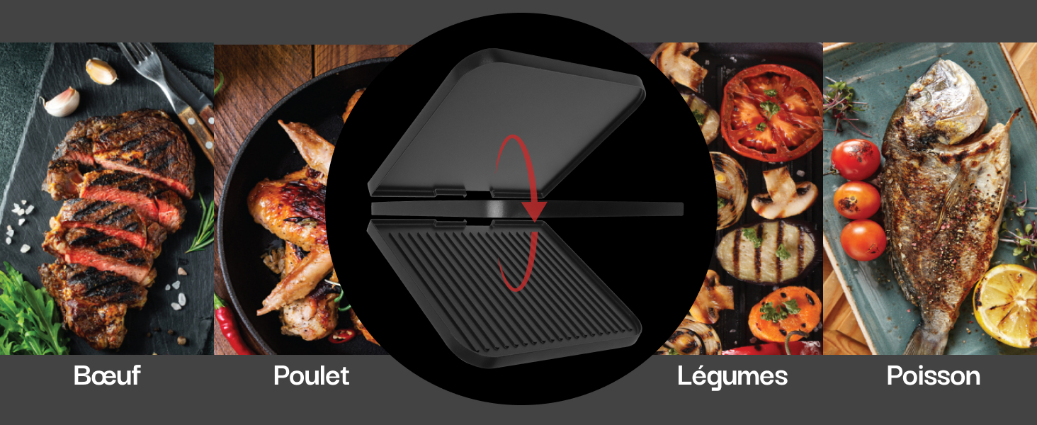 Surface de cuisson circulaire divisée en sections pour le bœuf, le poulet, les légumes et le poisson. Surface sombre avec indicateur de température rouge au centre.