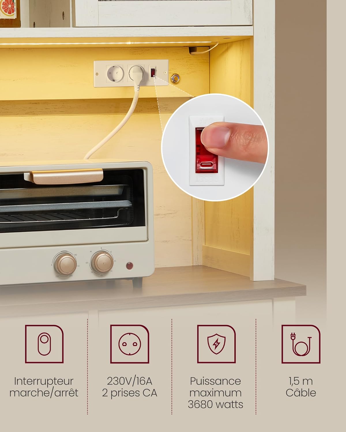 VASAGLE - meuble de rangement éclairé blanc/marron - 39,5x106,5x180,6 cm - portes, tiroirs, étagères réglables - BBK391W