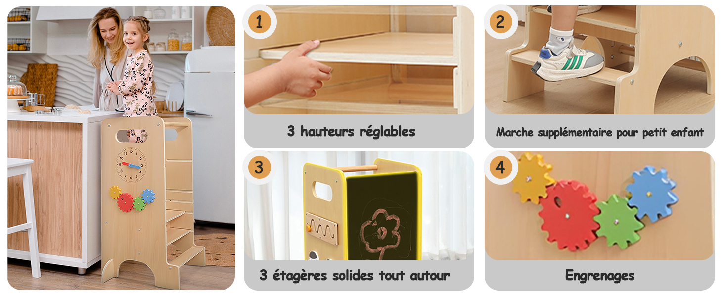 de style Montessori pour enfants. Comprend une hauteur réglable, des rails de sécurité et une planche amovible. Comprend des engrenages colorés comme outils d'apprentissage.