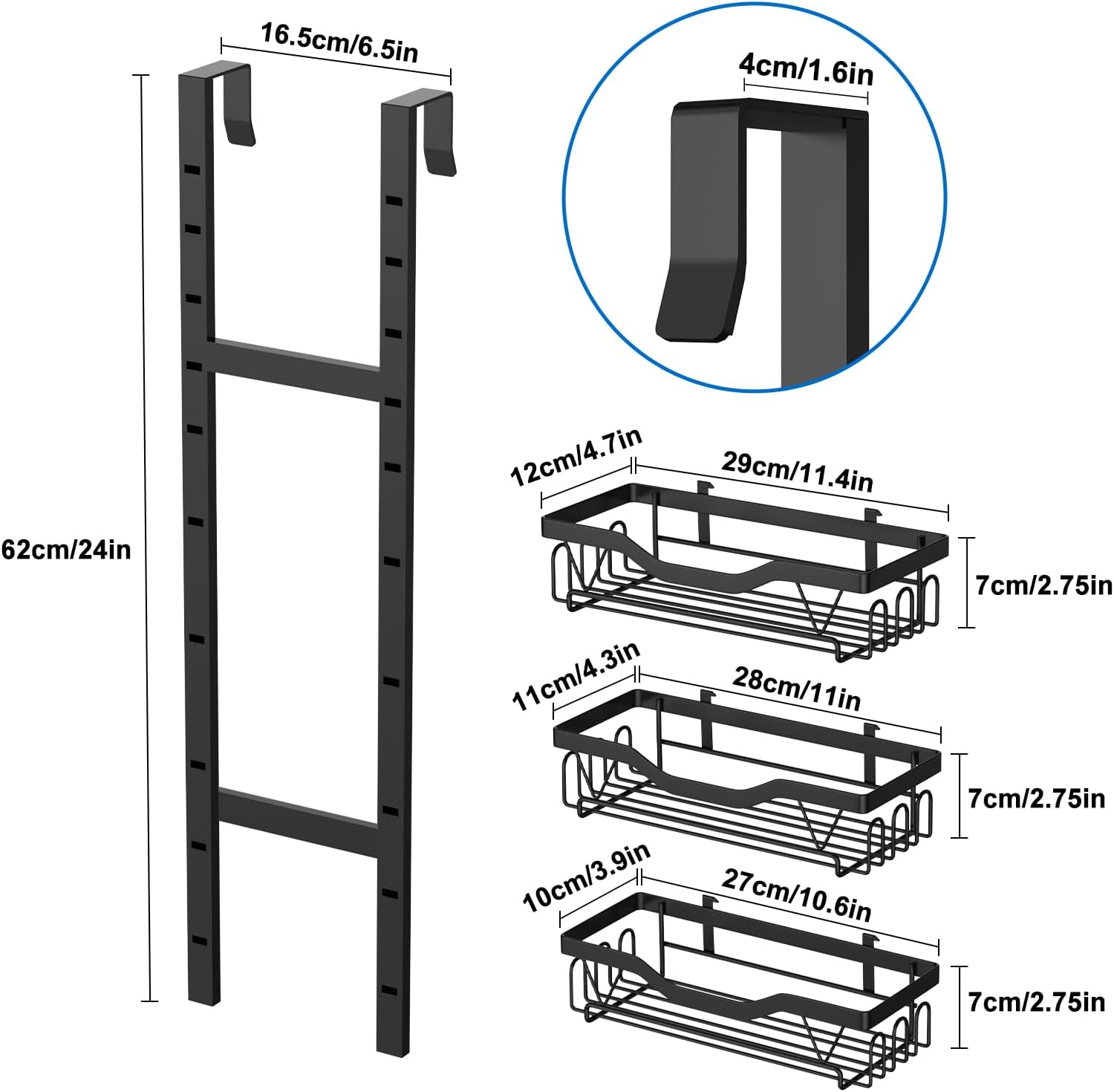 Étagère de douche suspendue - 3 paniers réglables, sans perçage, noir, organiseur 3 couches