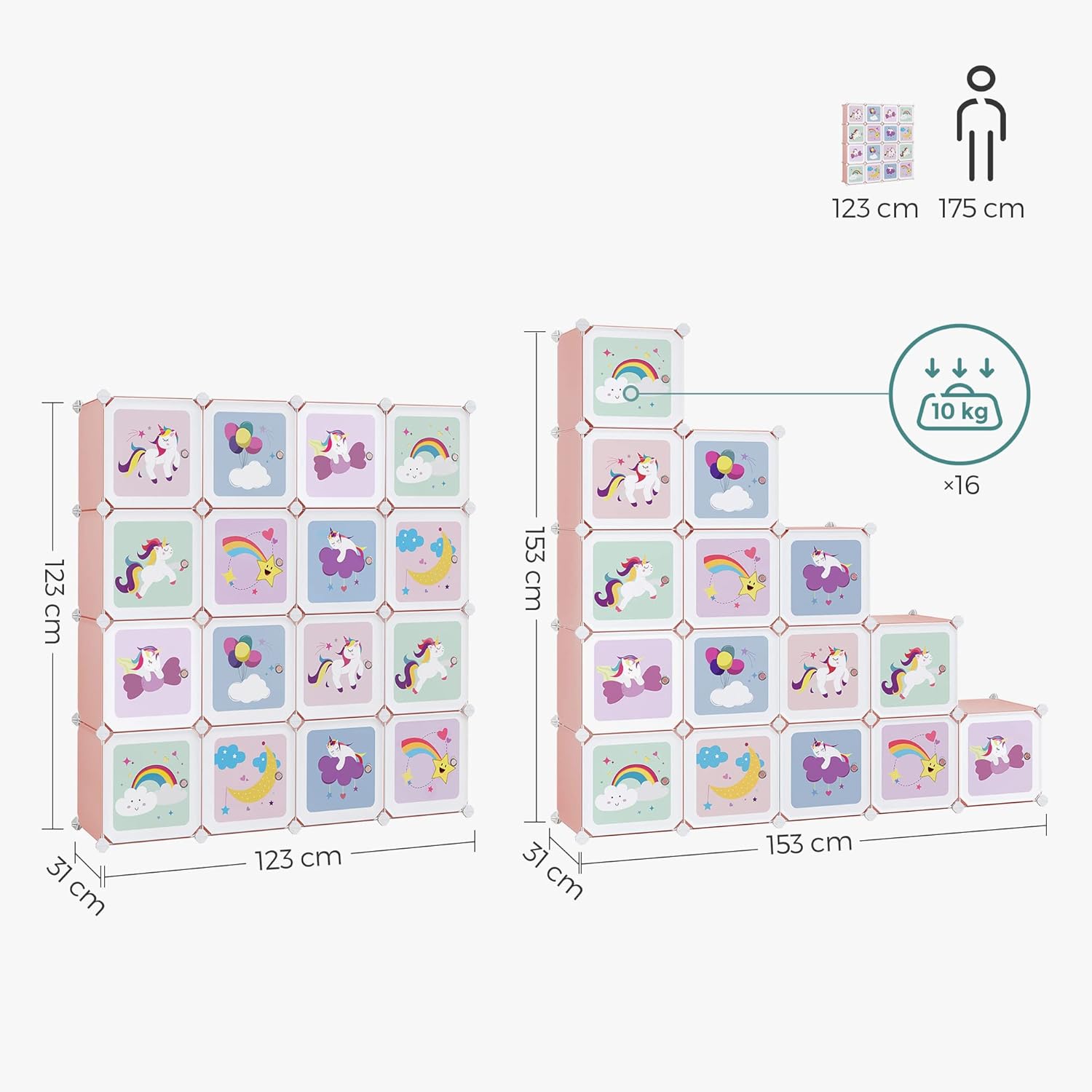 SONGMICS - armoire modulable enfant - 123x31x123cm - 16 cubes, portes, rose LPC906P01