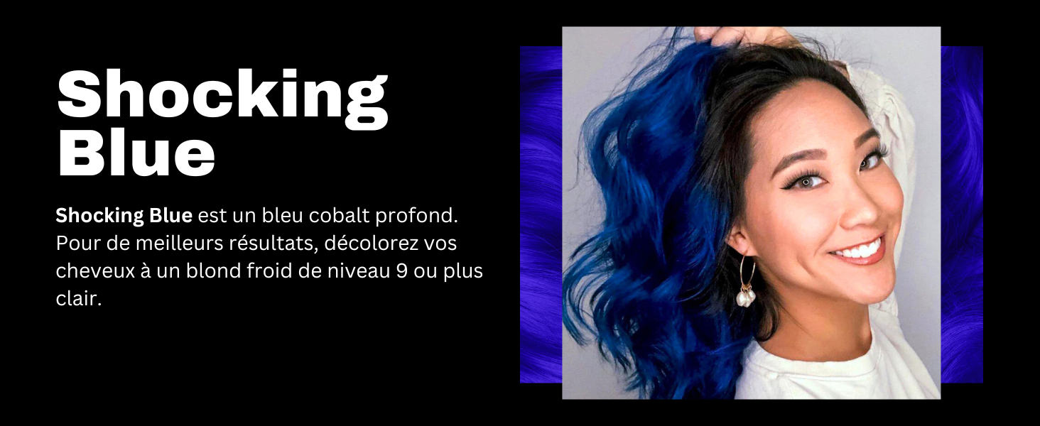 mettant en vedette une couleur de cheveux bleu cobalt vif. L'image montre une femme souriante aux cheveux mi-blonds, mi-bleus vifs sur fond violet.
