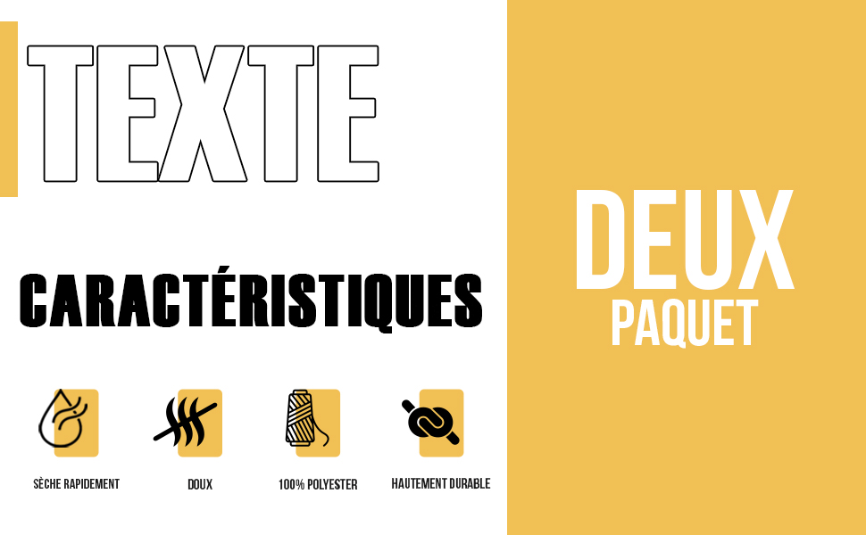 Infographie des caractéristiques du produit avec des icônes pour « résistant à la chaleur », « durable », « 100 % polyester » et « naturellement poreux ». Les textes « TEXTE » et « DEUX PAQUETS