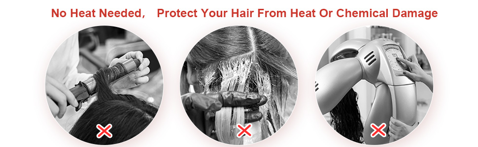 Trois images circulaires illustrant les techniques de coiffure, chacune marquée d'un X rouge, indiquant les méthodes à éviter pour protéger les cheveux de la chaleur ou des dommages chimiques.