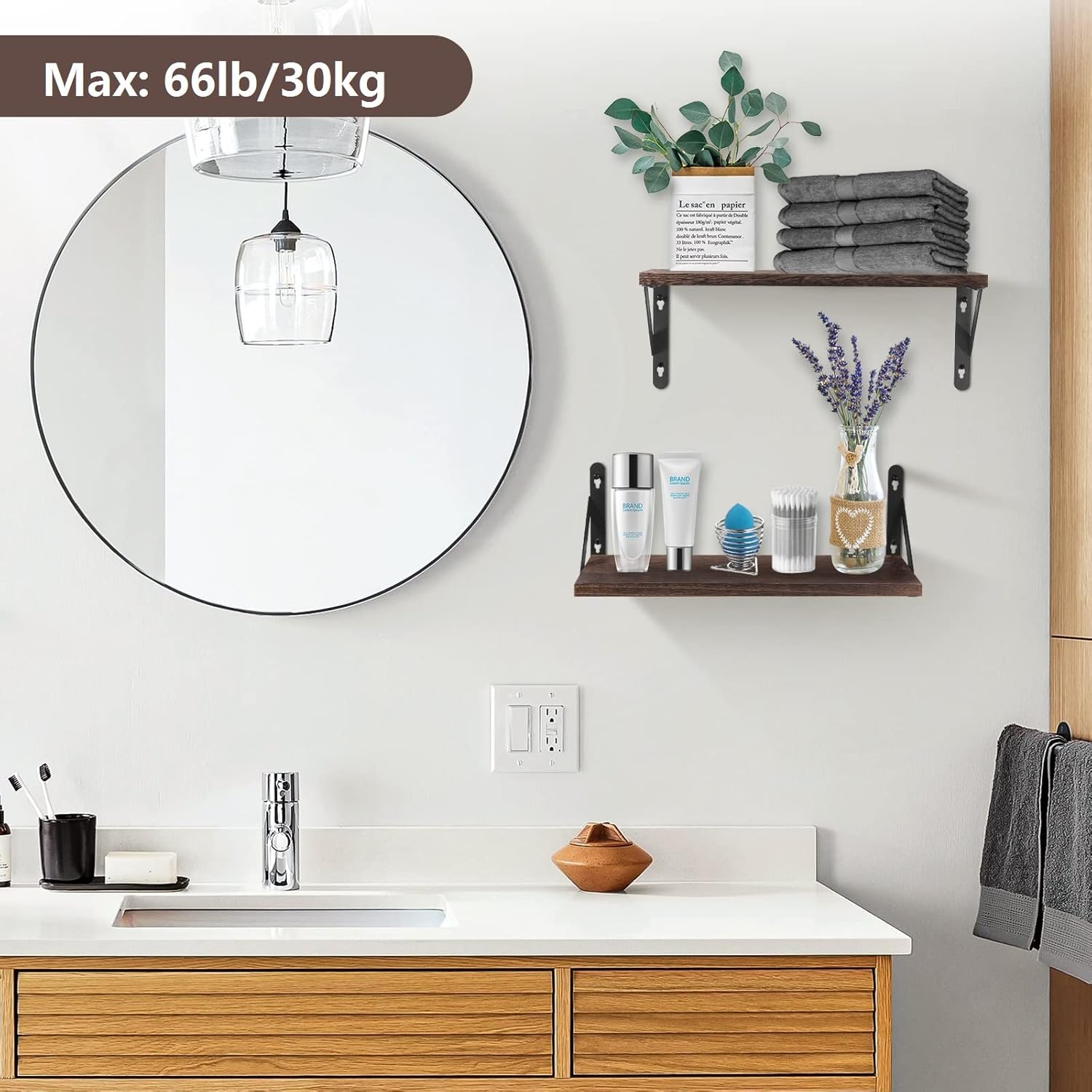 AGM - étagère murale rustique 42cm - bois, métal, charge 30kg