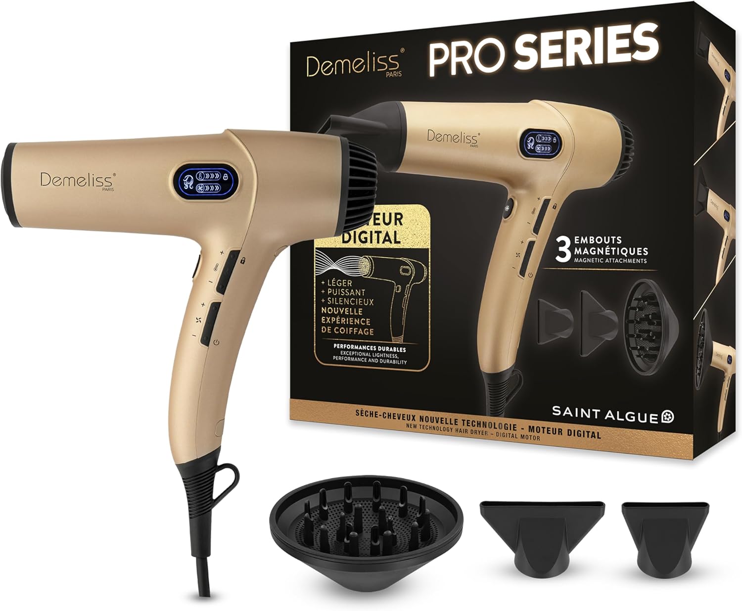 Demeliss Saint Algue - Pro Series - compact léger puissant - sèche-cheveux ionique 3 accessoires