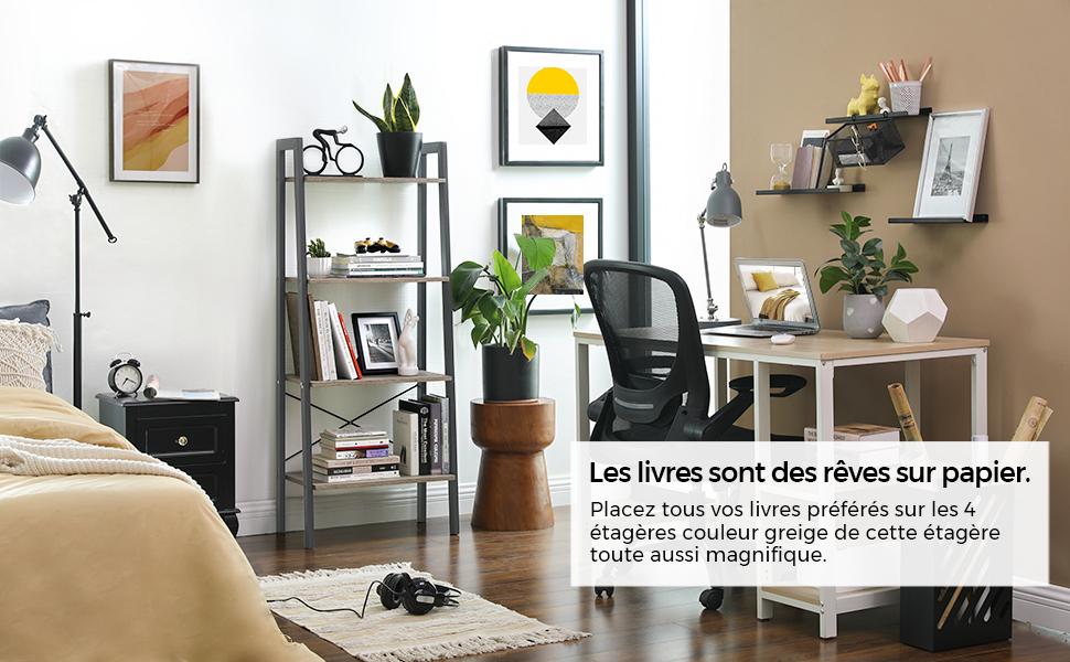 un bureau avec une étagère et une plante dessus.