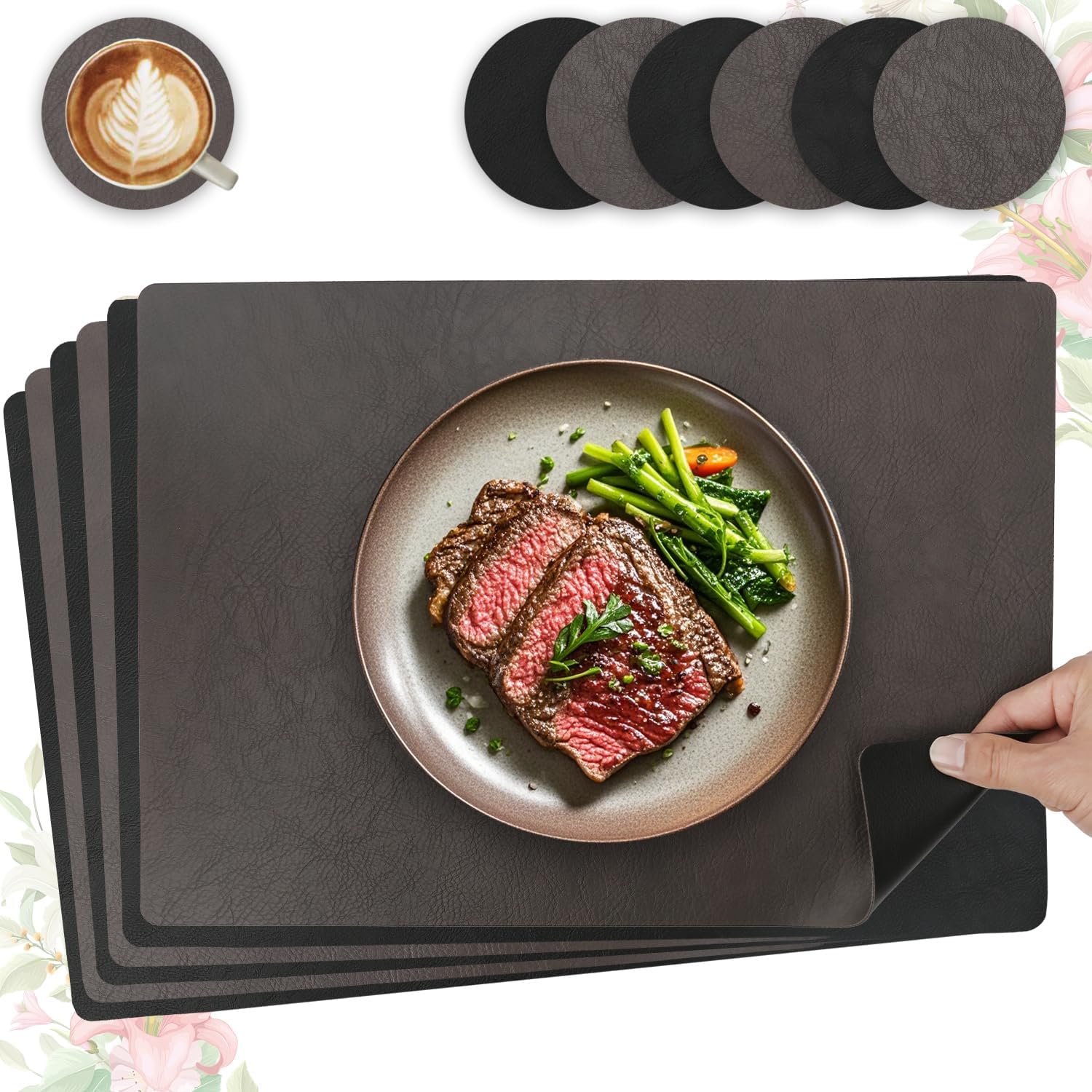 Sets de table - lot de 6, cuir PU double face, 43x30cm, lavables